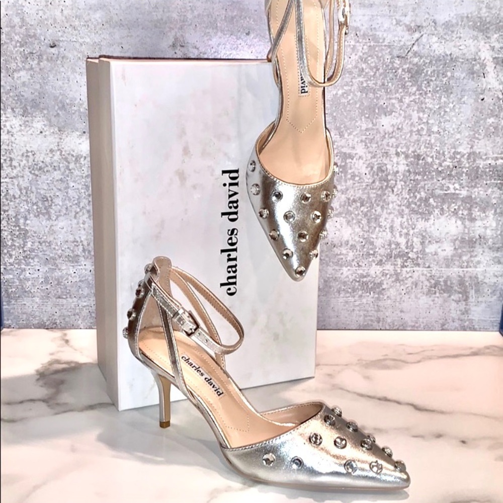 Charles David leather metallic silver stud heels, NIB size 6.5 with ankle strap